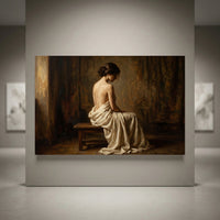 Classical oil painting style canvas print of a contemplative woman seated, back turned, draped in white fabric.
