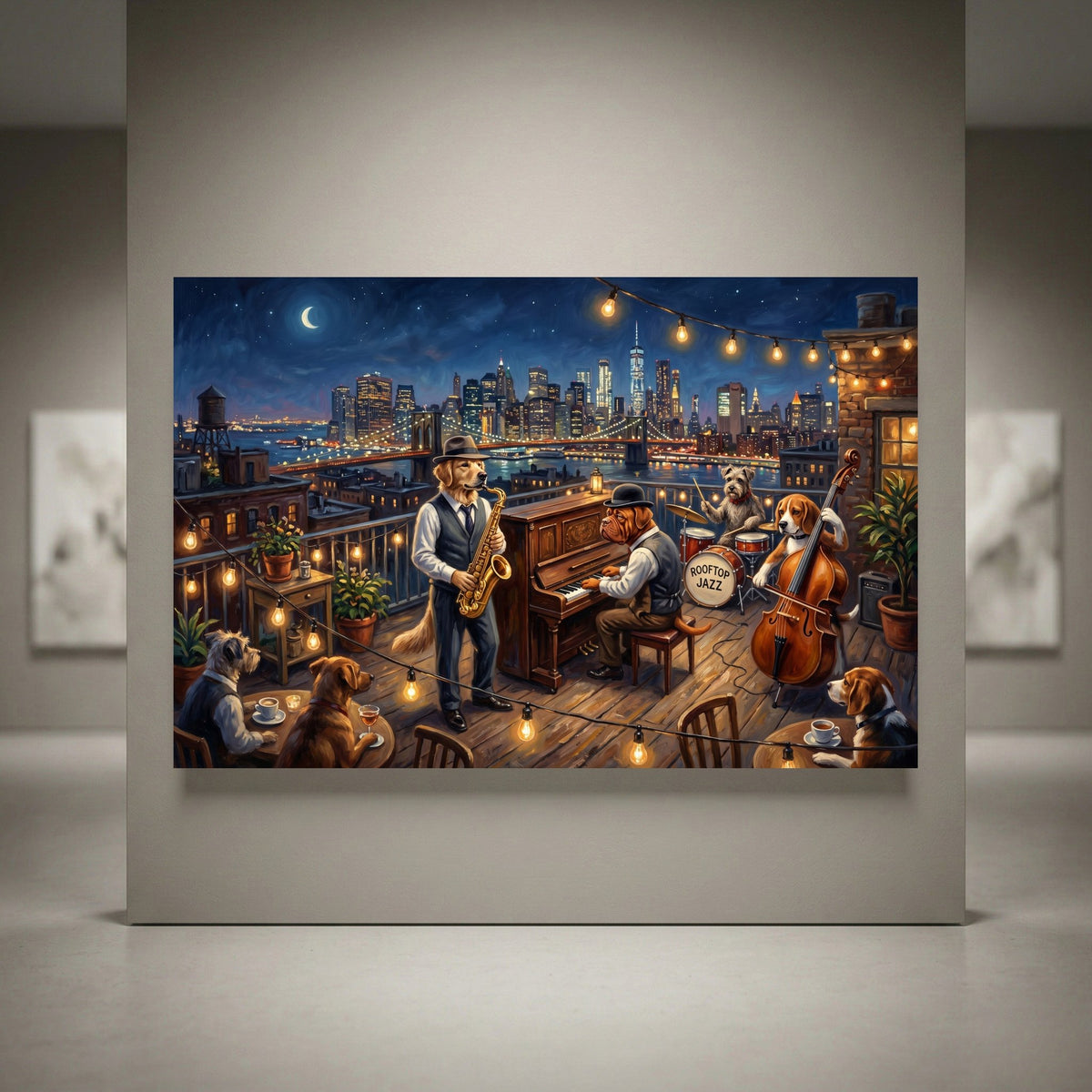 Oil painting style canvas print of dogs playing jazz on a New York City rooftop at night with city skyline and moon.