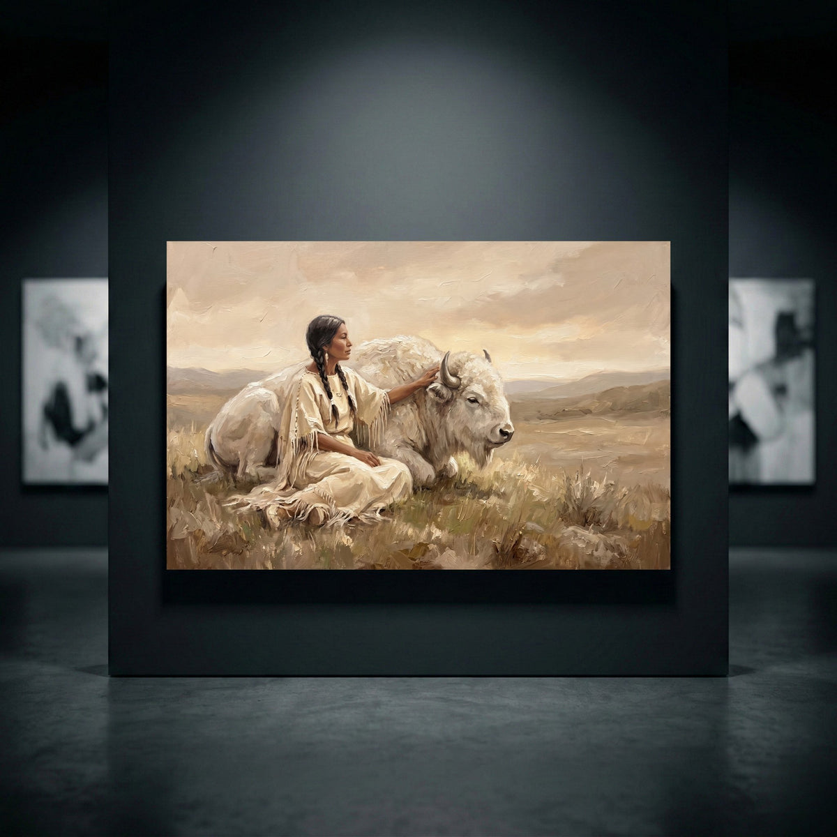 Native American woman with white buffalo canvas print, oil painting style, serene landscape, spiritual, indigenous art.