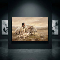Native American woman with white buffalo canvas print, oil painting style, serene landscape, spiritual, indigenous art.