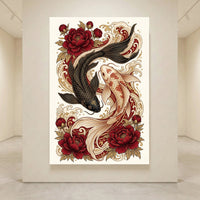 Japanese Yin Yang Koi fish canvas print with black and gold fish, red peonies, and elegant waves for vibrant wall art.