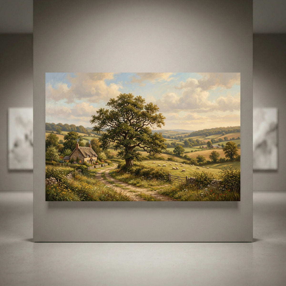 Countryside Landscape Stretched Canvas Wall Art, Cottage Meadow Print, Classic Living Room Decor
