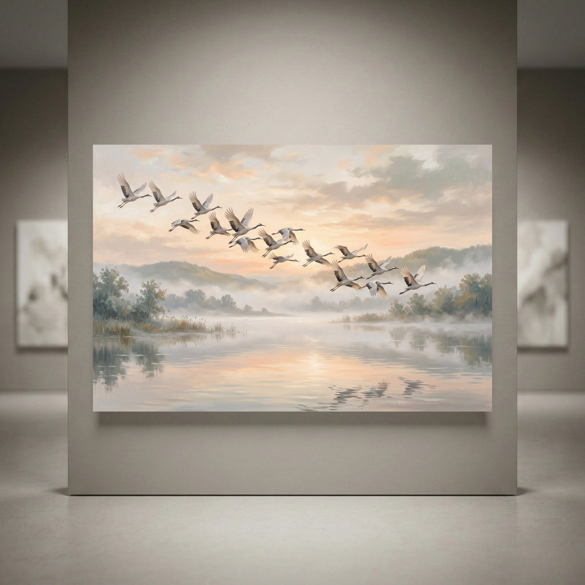 Oil painting style canvas print of cranes flying over a misty lake with reflections, trees, and mountains at sunrise.