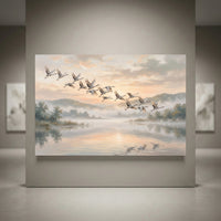 Oil painting style canvas print of cranes flying over a misty lake with reflections, trees, and mountains at sunrise.