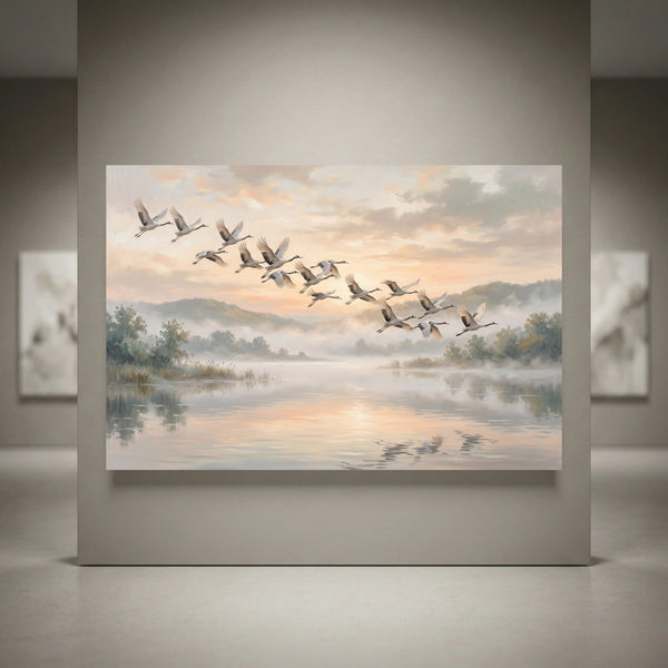 Oil painting style canvas print of cranes flying over a misty lake with reflections, trees, and mountains at sunrise.