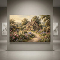 Painterly canvas print of a charming English cottage with a thatched roof, surrounded by a vibrant flower garden and winding path.