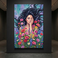 Oil painting style canvas print of a woman with dark flowing hair covering her face, surrounded by vibrant wildflowers.