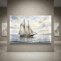 Watercolor canvas print of a classic schooner ship sailing on calm waters, lighthouse on distant coast, cloudy sky.