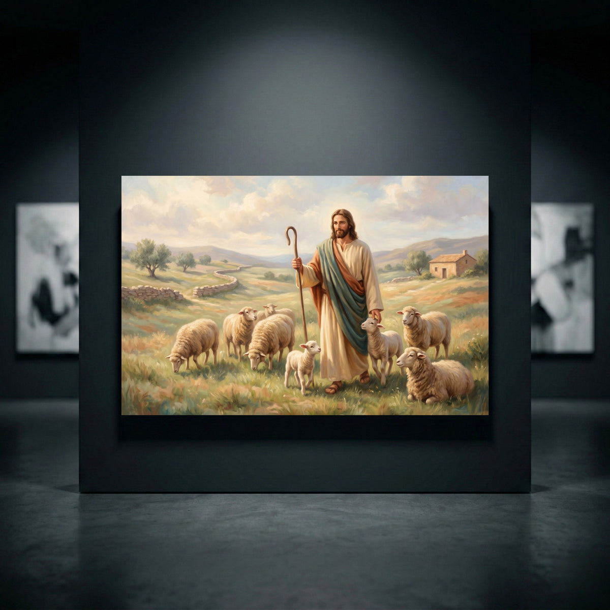 Good Shepherd Jesus canvas print with sheep, pastoral landscape, oil painting style artwork for faith home decor.