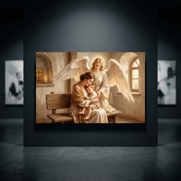 Religious canvas print of a mother holding her child, watched by a guardian angel, rendered in a soft oil painting style.