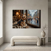 Yorkshire Terrier Stretched Canvas Wall Art, Rainy Window Dog Print, Cozy Living Room Decor