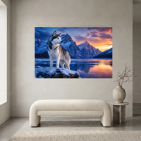 Siberian Husky Winter Mountain Sunset Realistic Canvas Print Wall Art Décor - Mockup Display 1