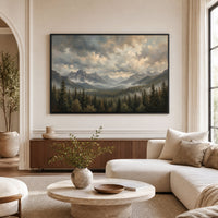 Dramatic Misty Mountain Forest Oil Painting Style Canvas Print Wall Art Decor - Mockup Display 1