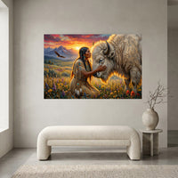 Native American Woman & White Bison Oil Painting Style Canvas Print Wall Art, Serene Landscape - Mockup Display 1