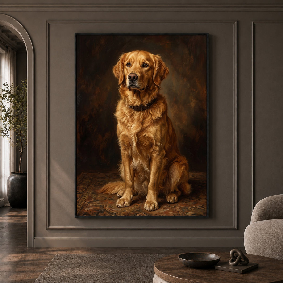 Elegant Golden Retriever Oil Painting Style Canvas Print Wall Art Classic - Mockup Display 1