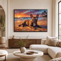 French Bulldog Sunset Beach Oil Painting Style Canvas Print Wall Art, Vibrant - Mockup Display 1