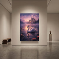 Fantasy Swan Lake Castle Oil Painting Style Canvas Print Wall Art Decor - Mockup Display 1