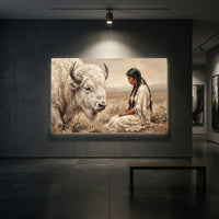 Native American Woman & White Bison Oil Painting Style Canvas Print Wall Art, Majestic - Mockup Display 1