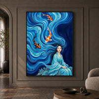 Mythical Woman Koi Fish Oil Painting Style Canvas Print Wall Art, Zen Decor - Mockup Display 1