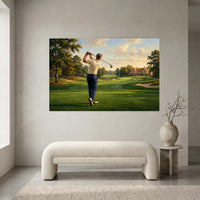 Golfer's Powerful Swing Oil Painting Style Canvas Print Wall Art for Sporty Decor - Mockup Display 1