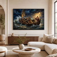 Jesus Christ Calming Storm Oil Painting Style Canvas Print Wall Art, Inspirational - Mockup Display 1