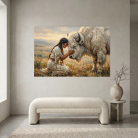 Native American Woman White Buffalo Oil Painting Style Canvas Print Wall Art, Spiritual Decor - Mockup Display 1