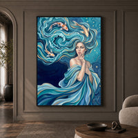 Mystical Water Woman with Koi Fish Oil Painting Style Canvas Print Wall Art Serene - Mockup Display 1
