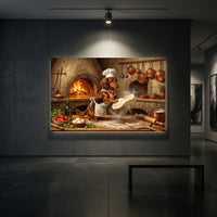 Whimsical Dachshund Chef Pizza Oil Painting Style Canvas Print Wall Art for Kitchen - Mockup Display 1