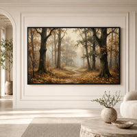 Misty Autumn Forest Path Oil Painting Style Canvas Print Wall Art for Rustic Decor - Mockup Display 1