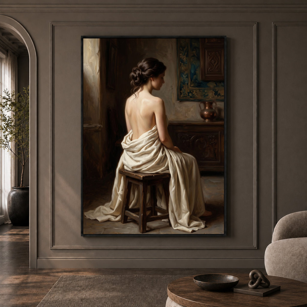 Serene Draped Woman Classical Oil Painting Style Canvas Print Wall Art for Elegance - Mockup Display 1