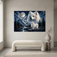 Fluffy White Samoyed Dogs Mountain Night Canvas Print Wall Art Decor - Mockup Display 1