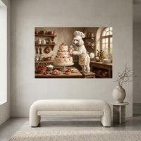 Charming Poodle Chef Decorating Cake Oil Painting Style Canvas Print Wall Art, Kitchen - Mockup Display 1