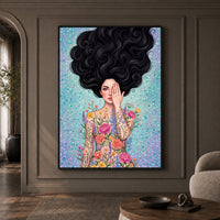Woman with Flowing Hair & Floral Body Art Canvas Print Wall Art, Bohemian Decor - Mockup Display 1