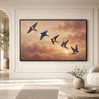 Barn Swallows Sunset Sky Oil Painting Style Canvas Print Wall Art for Nature Lovers - Mockup Display 1