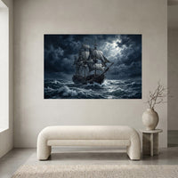 Dramatic Pirate Ship Oil Painting Style Canvas Print Wall Art, Nautical Theme - Mockup Display 1