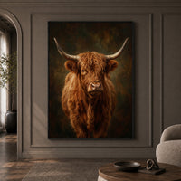 Majestic Highland Cow Portrait Oil Painting Style Canvas Print Wall Art, Rustic Farmhouse Decor - Mockup Display 1