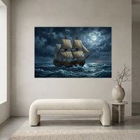 Dramatic Galleon Ship Moonlight Oil Painting Style Canvas Print Wall Art, Nautical Adventure - Mockup Display 1