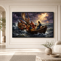 Biblical Jesus Calming Storm Oil Painting Style Canvas Print Wall Art, Religious - Mockup Display 1