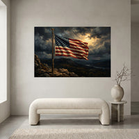 American Flag Mountain Canvas Wall Art, Dramatic Patriotic Landscape Print, Rustic Living Room Decor