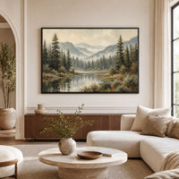 Serene Forest Lake Landscape Oil Painting Style Canvas Print Wall Art, Tranquil View - Mockup Display 1