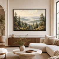 Misty Forest Landscape Oil Painting Style Canvas Print Wall Art, Serene Hills - Mockup Display 1