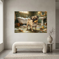 Pug Bathroom Stretched Canvas Wall Art, Humorous Dog Print, Vintage Powder Room Decor