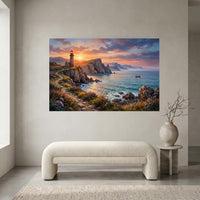 Vibrant Coastal Sunset Lighthouse Oil Painting Style Canvas Print Wall Art, Serene - Mockup Display 1
