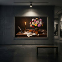 Musical Still Life Flowers & Violin Oil Painting Style Canvas Print Wall Art - Elegant - Mockup Display 1