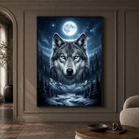 Mystical Blue-Eyed Wolf & Winter Moonlight Forest Canvas Print Wall Art Decor - Mockup Display 1