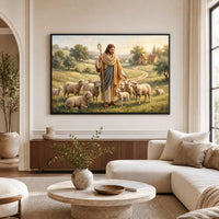 Good Shepherd Jesus Christ Oil Painting Style Canvas Print Wall Art, Serene Biblical Landscape - Mockup Display 1