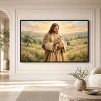 Jesus Christ Good Shepherd Oil Painting Style Canvas Print Wall Art, Spiritual Decor - Mockup Display 1