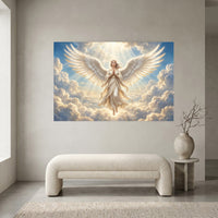 Serene Angel Figure Heavenly Rays Spiritual Art Canvas Print Wall Art, Divine - Mockup Display 1