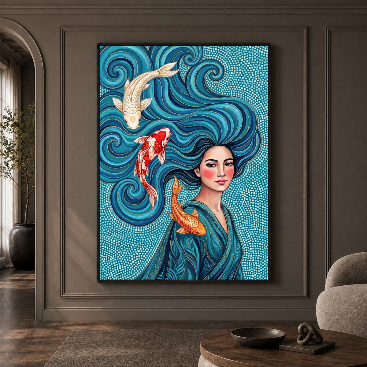 Vibrant Woman with Koi Fish Artistic Canvas Print Wall Art, Elegant Home Decor - Mockup Display 1