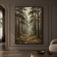 Misty Pine Forest Pathway Oil Painting Style Canvas Print Wall Art, Serene Decor - Mockup Display 1
